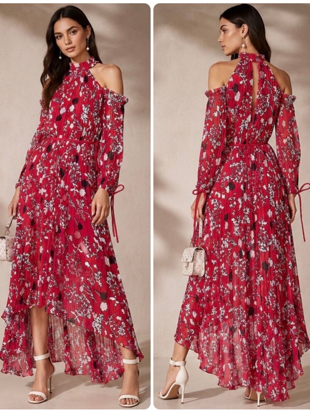 Self-Portrait Cold-Shoulder Red Floral High-Low Long Sleeve Maxi Dress Nwt $785